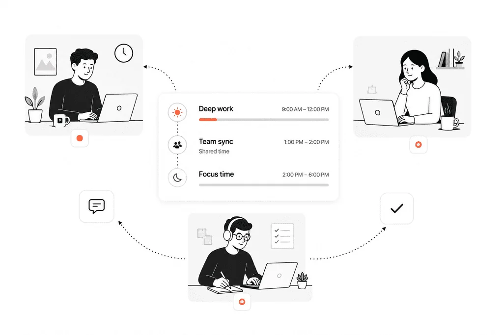 Illustration of an async workday with deep work, a short team sync and focus time